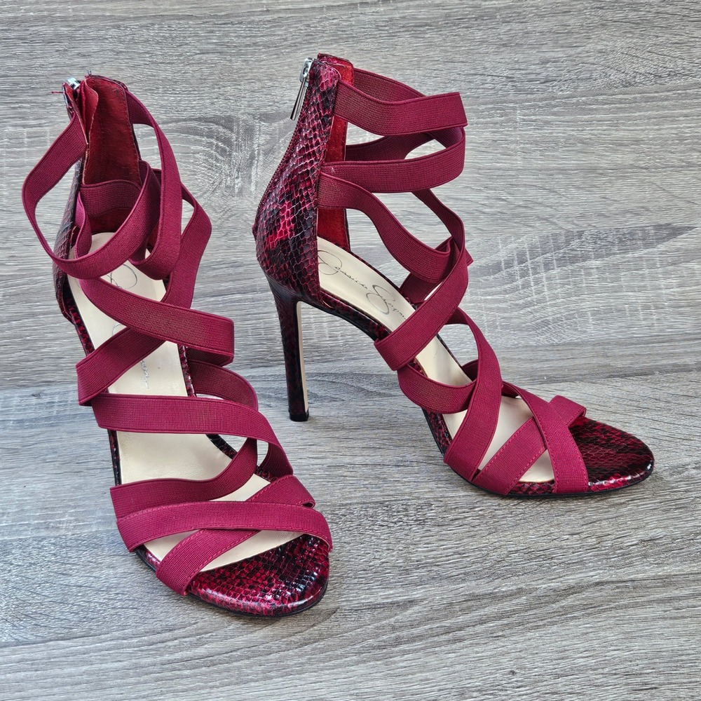 Jessica Simpson Jyra Burgundy Snakeskin Elastic Cage Stiletto‎ Heels Mens 8.5